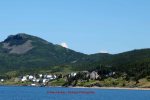 View of St. Jacques harbour from the ocean with houses in the foreground, gren vegetation of grass and evergreen trees.  In the background is a larger mountain against a blue sky.