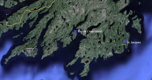 Location of Bay de L'eau and St. Jacques from Google Earth