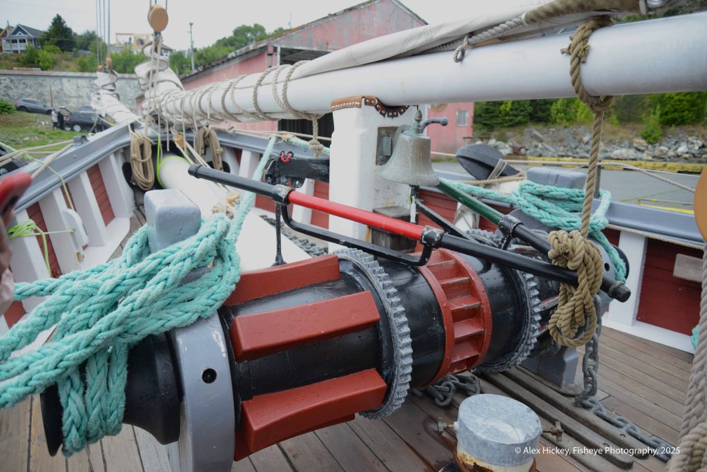 A windlass used to winch the anchor aboard a sailing ship.